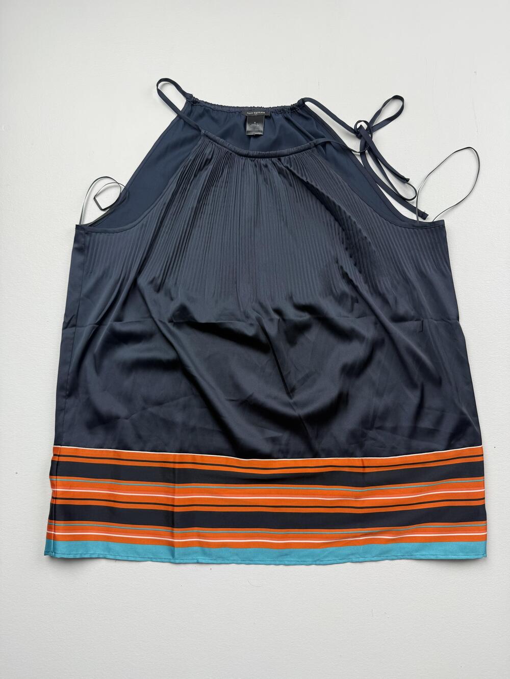 Ann Taylor Tank Top Womens M Blue Halter Sleeveless Stripe Hem Woven Camisole